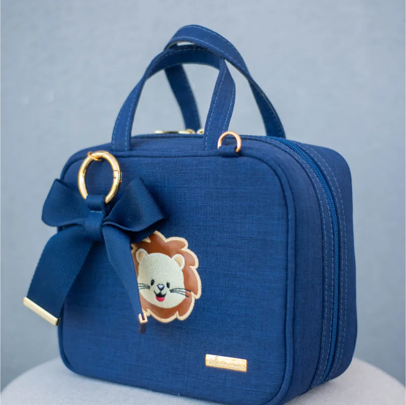 Porta Mamadeiras - Linho Azul Marinho com Bordado de Leão