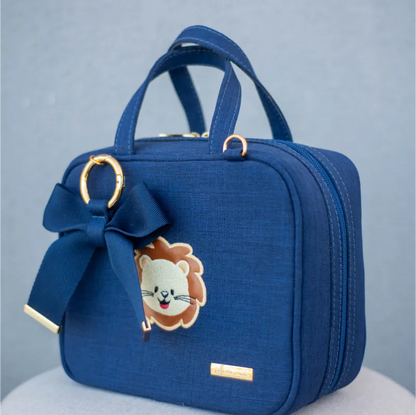 Porta Mamadeiras - Linho Azul Marinho com Bordado de Leão