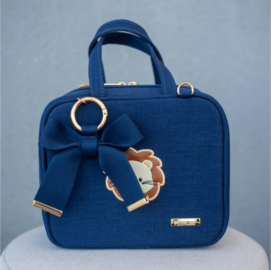 Porta Mamadeiras - Linho Azul Marinho com Bordado de Leão