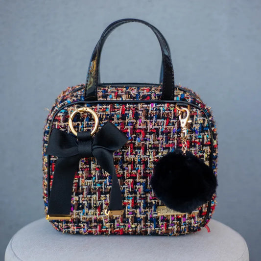 Porta Mamadeiras - Tweed com Detalhes em Couro Verniz Preto