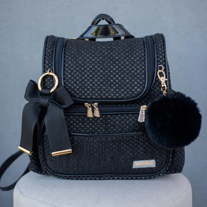 Mochila 2 em 1 - Palha Preta com Detalhes em Couro Preto Verniz